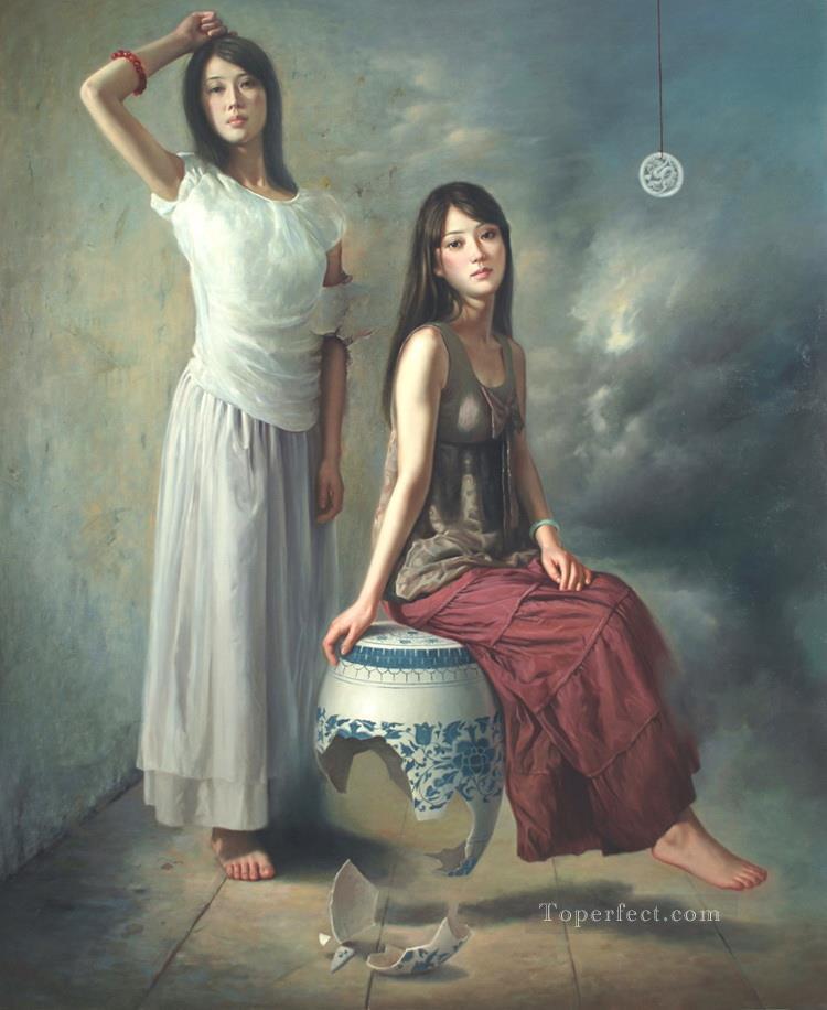 azul y blanco 2 niña china Pintura al óleo